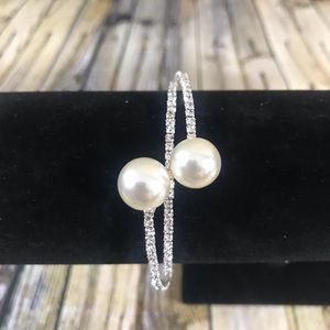 Rhinestone & Pearl Silver Coil Bracelet